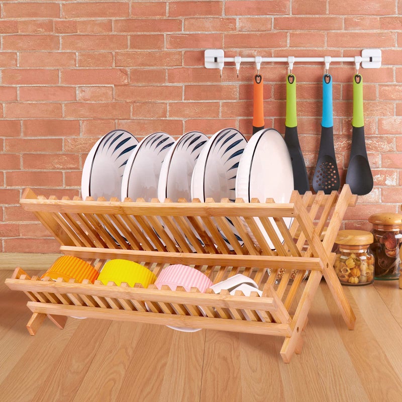 SZUAH Collapsible Bamboo Dish Drying Rack - 2 Tier Space Saving Kitchen Counter Organizer, Holds 19 Plates, Bowls & Utensils (17.8"x10.23"x9.25") - Image 3